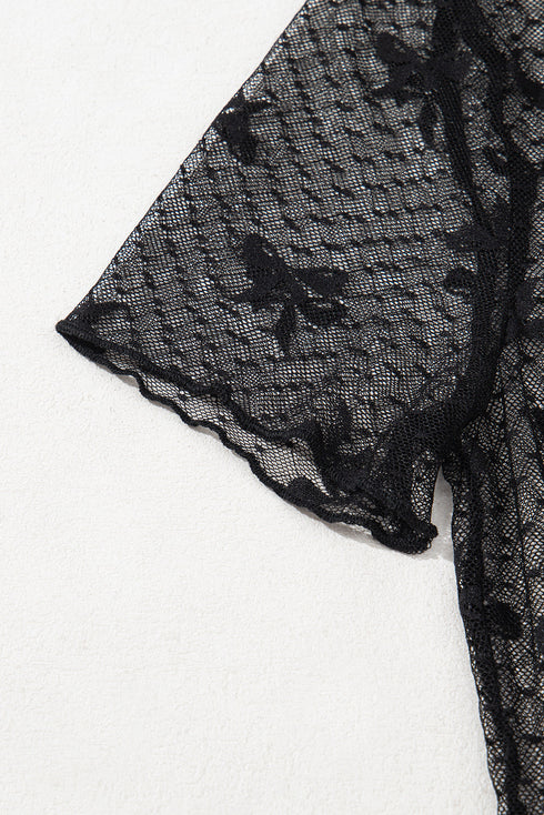 Sheer Bow Detail Slim Fit Polka Dot Mesh Short Sleeve Blouse
