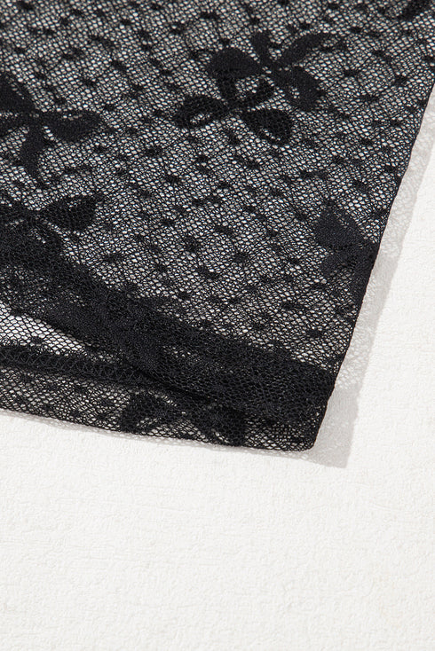 Sheer Bow Detail Slim Fit Polka Dot Mesh Short Sleeve Blouse