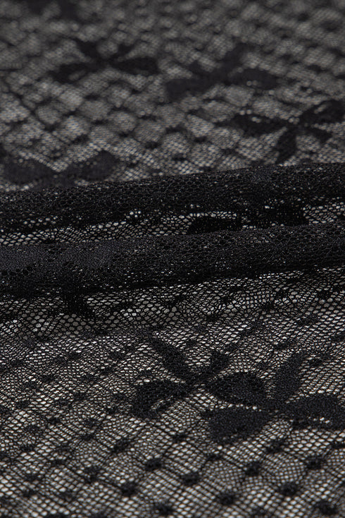 Sheer Bow Detail Slim Fit Polka Dot Mesh Short Sleeve Blouse