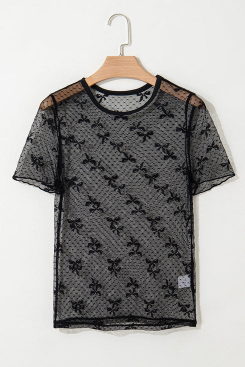 Sheer Bow Detail Slim Fit Polka Dot Mesh Short Sleeve Blouse