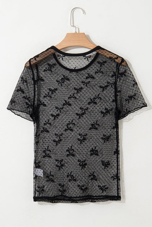 Sheer Bow Detail Slim Fit Polka Dot Mesh Short Sleeve Blouse