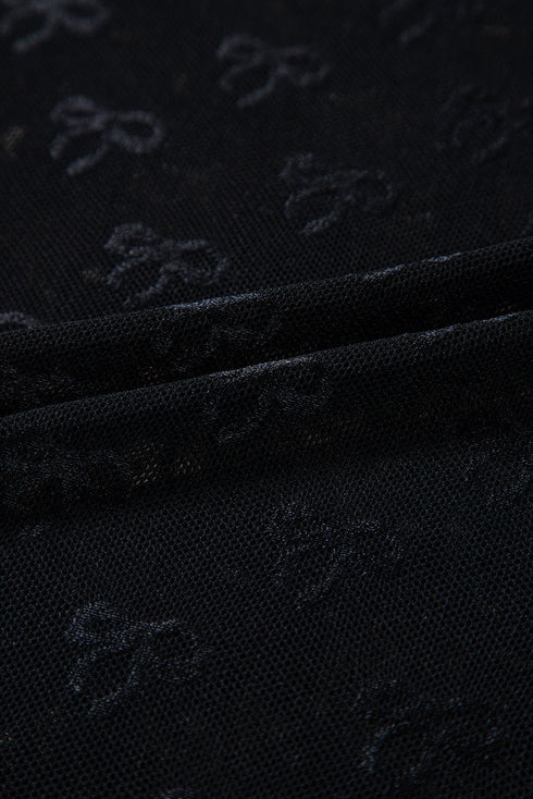 Sheer Bow Flocked Mesh Crewneck Long Sleeve Top