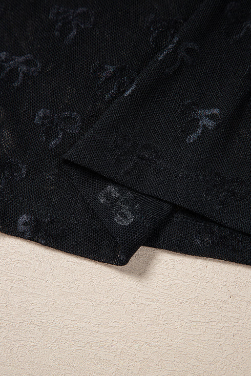 Sheer Bow Flocked Mesh Crewneck Long Sleeve Top