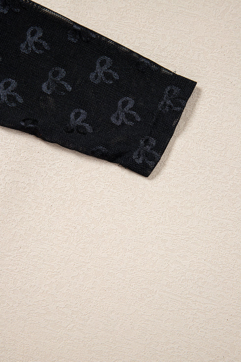 Sheer Bow Flocked Mesh Crewneck Long Sleeve Top