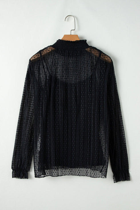 Sheer Dotted Lace Mock Neck Long Sleeve Blouse