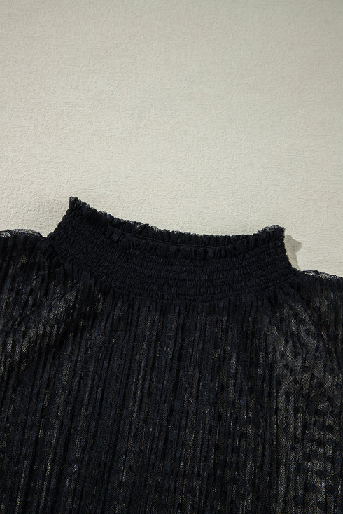 Sheer Dotted Lace Mock Neck Long Sleeve Blouse