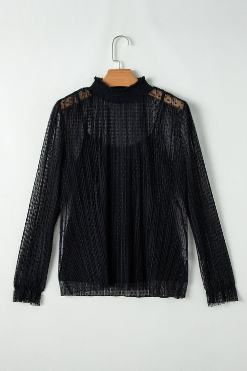 Sheer Dotted Lace Mock Neck Long Sleeve Blouse