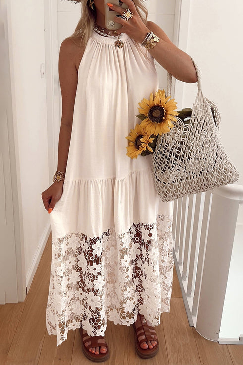 Sheer Floral Lace Hem Patchwork Halter Maxi Dress