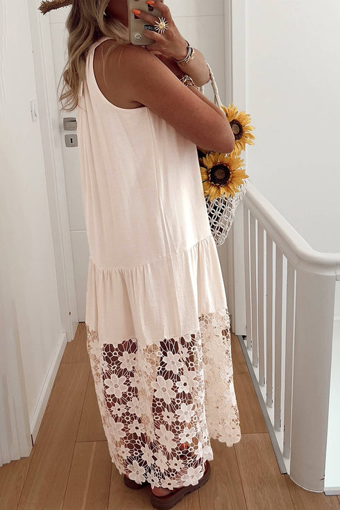Sheer Floral Lace Hem Patchwork Halter Maxi Dress