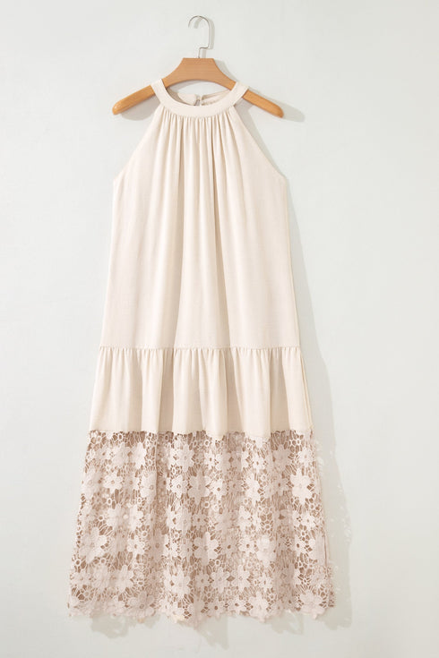 Sheer Floral Lace Hem Patchwork Halter Maxi Dress