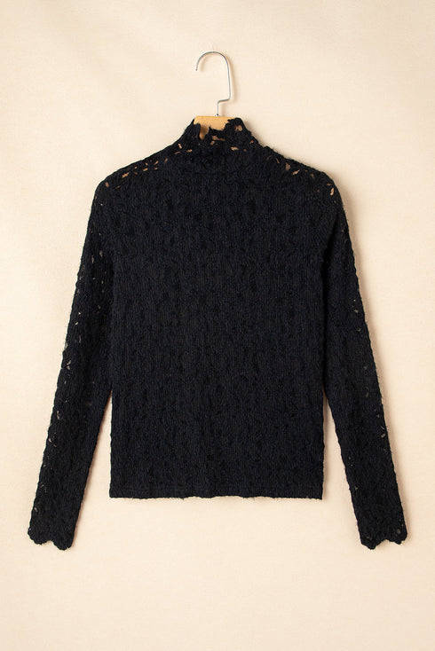 Sheer Floral Lace Long Sleeve Mock Neck Top
