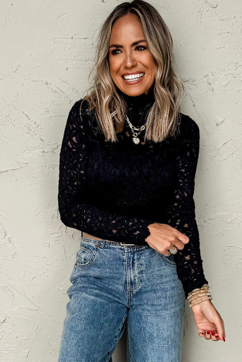 Sheer Floral Lace Long Sleeve Mock Neck Top