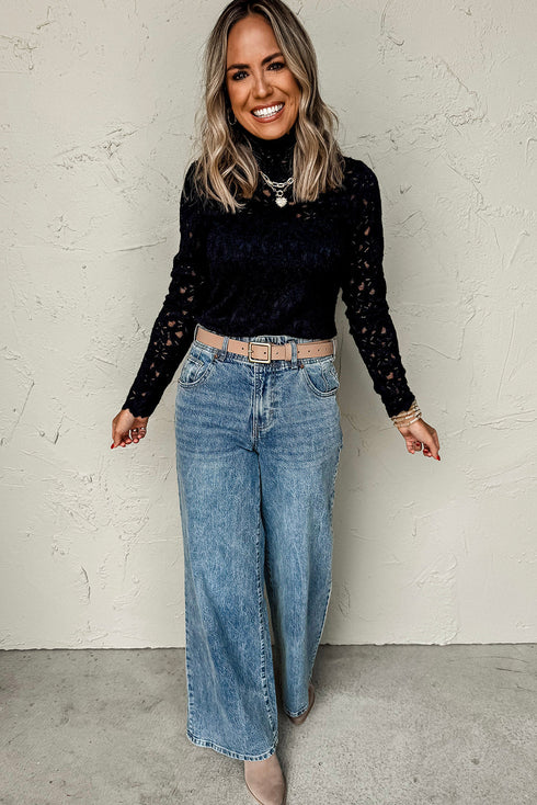 Sheer Floral Lace Long Sleeve Mock Neck Top