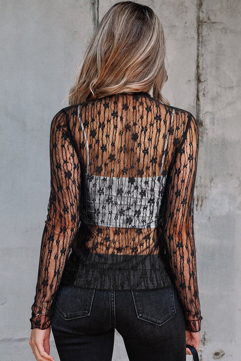 Sheer Floral Lace Long Sleeve Slim Fit Top