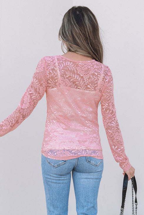 Sheer Floral Lace Long Sleeve V Neck Top