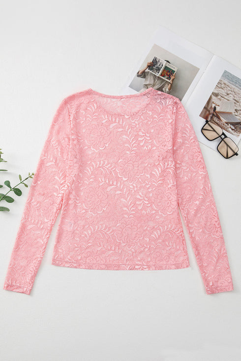 Sheer Floral Lace Long Sleeve V Neck Top