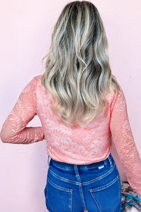 Sheer Floral Lace Long Sleeve V Neck Top
