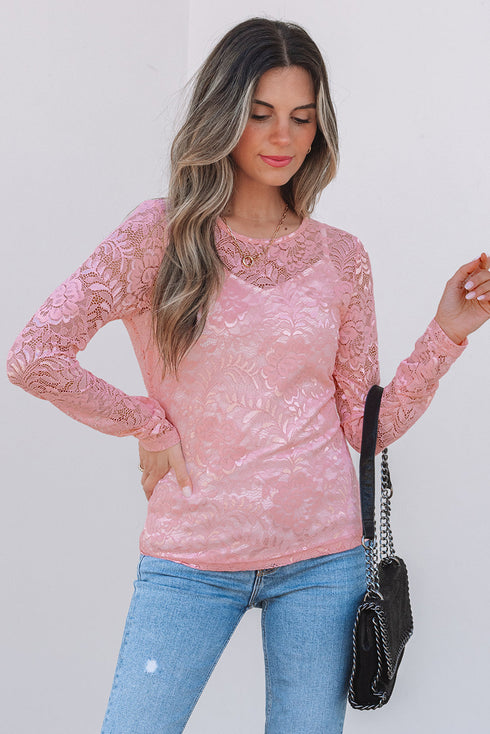 Sheer Floral Lace Long Sleeve V Neck Top