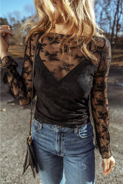 Sheer Floral Lace Mock Neck Long Sleeve Top