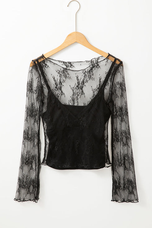 Sheer Floral Lace Mock Neck Long Sleeve Top
