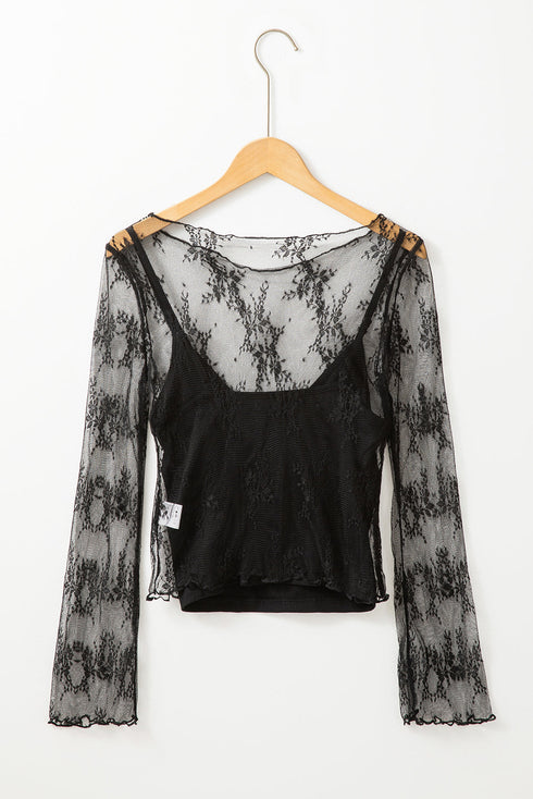 Sheer Floral Lace Mock Neck Long Sleeve Top