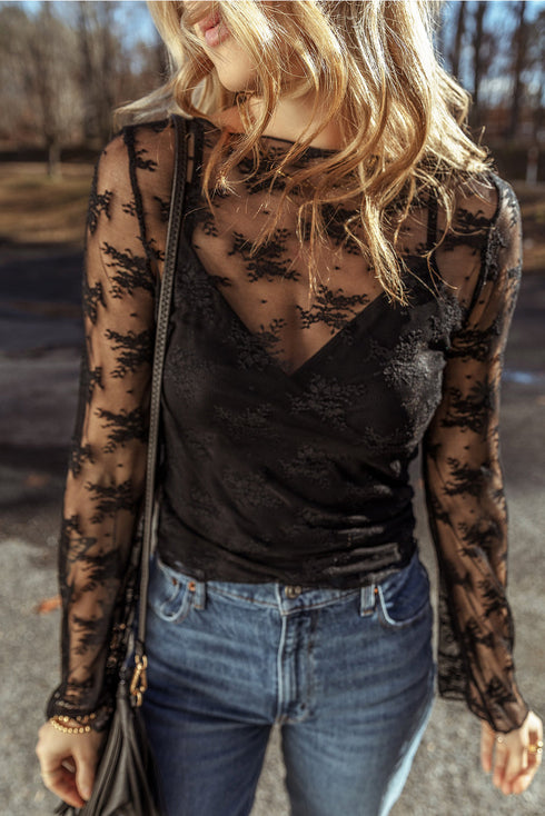Sheer Floral Lace Mock Neck Long Sleeve Top