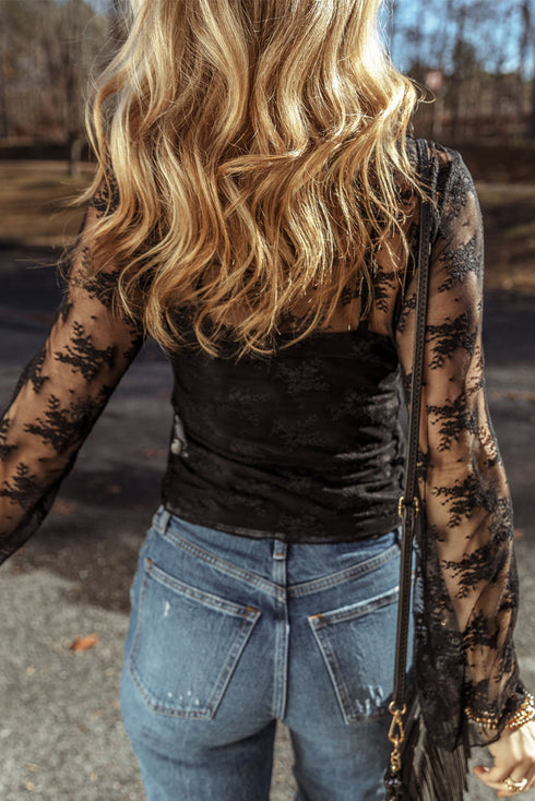 Sheer Floral Lace Mock Neck Long Sleeve Top