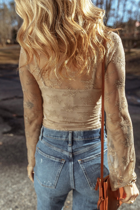Sheer Floral Lace Mock Neck Long Sleeve Top