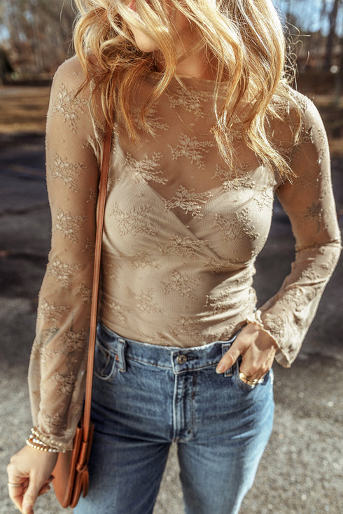 Sheer Floral Lace Mock Neck Long Sleeve Top