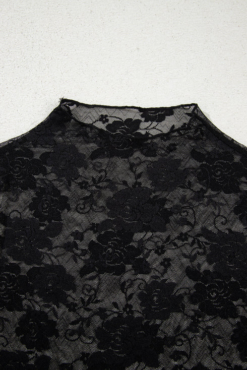Sheer Floral Lace Mock Neck Long Sleeve Top