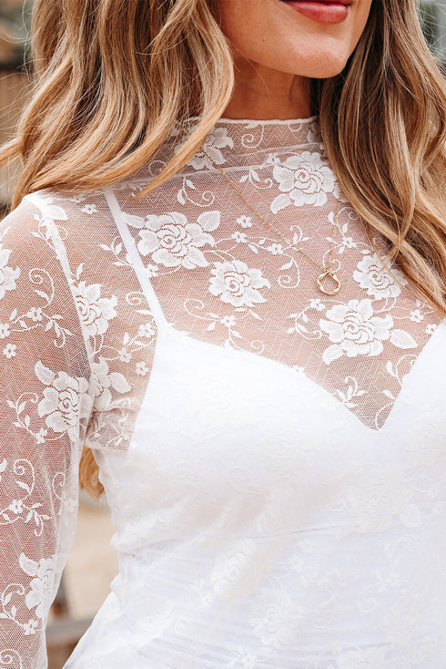 Sheer Floral Lace Mock Neck Long Sleeve Top