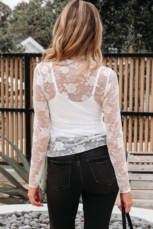 Sheer Floral Lace Mock Neck Long Sleeve Top