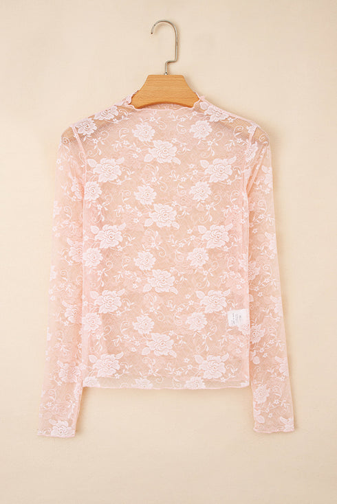 Sheer Floral Lace Mock Neck Long Sleeve Top
