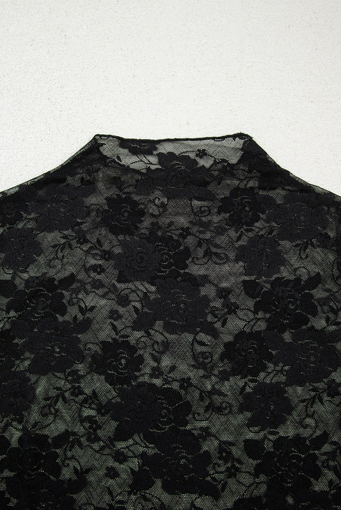 Sheer Floral Lace Mock Neck Long Sleeve Top