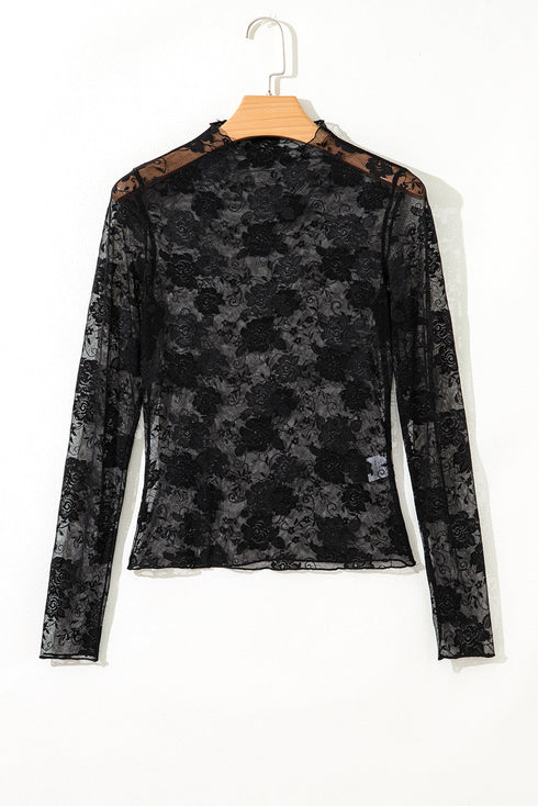Sheer Floral Lace Mock Neck Long Sleeve Top