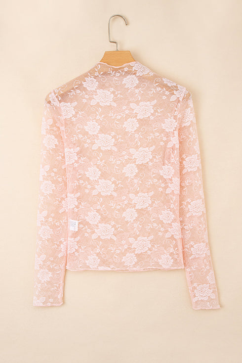 Sheer Floral Lace Mock Neck Long Sleeve Top