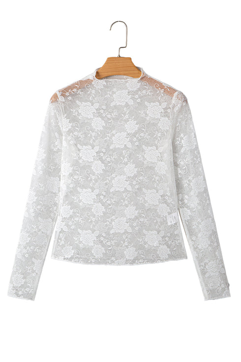 Sheer Floral Lace Mock Neck Long Sleeve Top