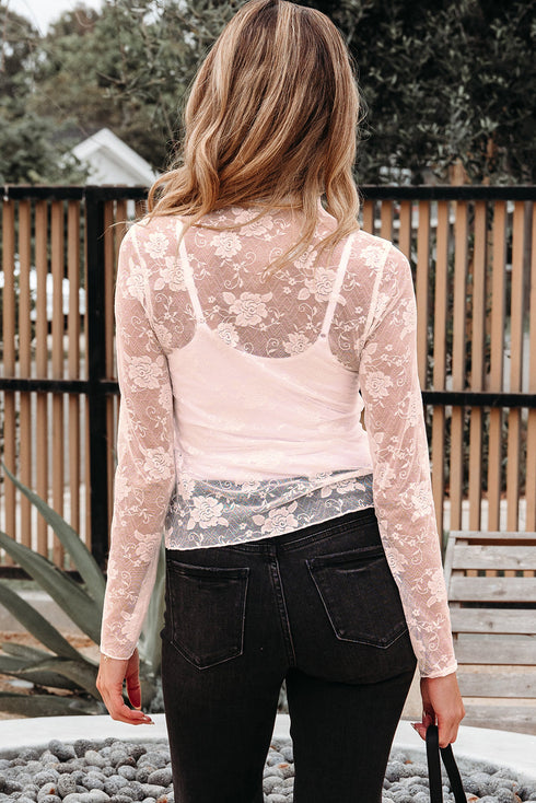 Sheer Floral Lace Mock Neck Long Sleeve Top