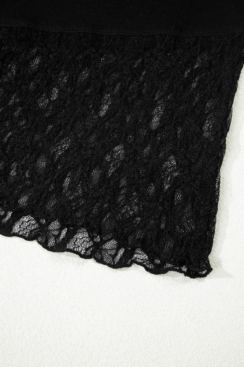 Sheer Floral Lace Panel Asymmetric Patchwork Long Sleeve Top