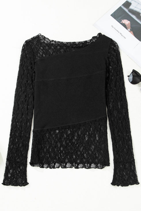 Sheer Floral Lace Panel Asymmetric Patchwork Long Sleeve Top
