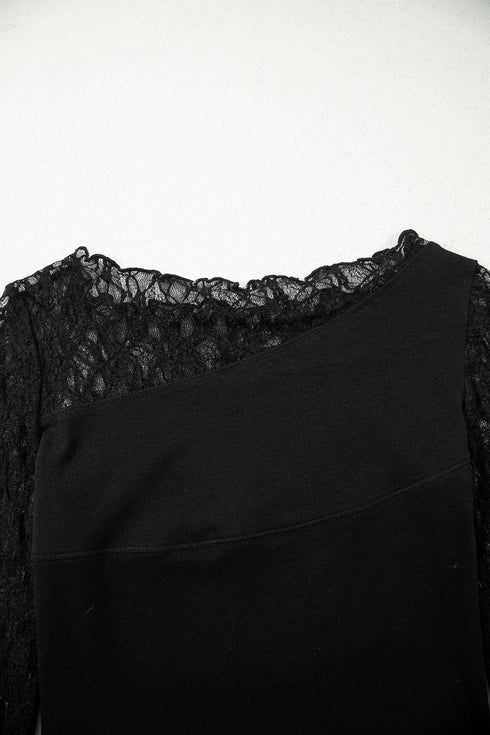 Sheer Floral Lace Panel Asymmetric Patchwork Long Sleeve Top