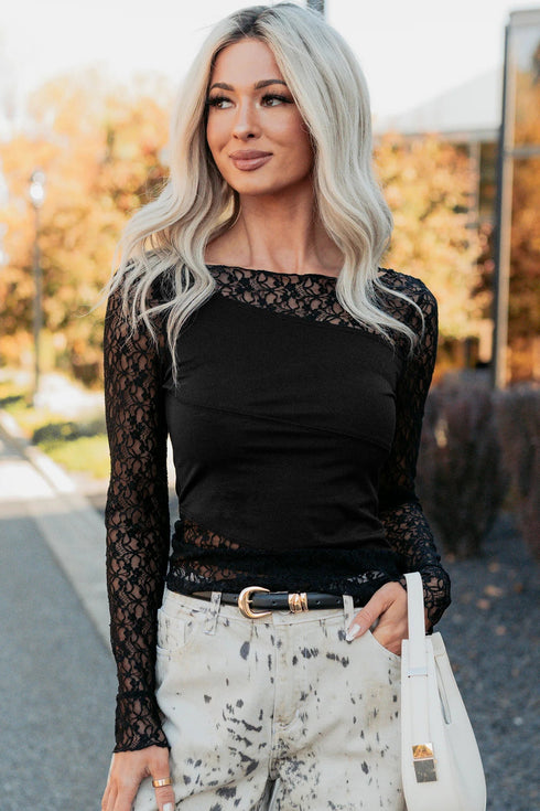 Sheer Floral Lace Panel Asymmetric Patchwork Long Sleeve Top