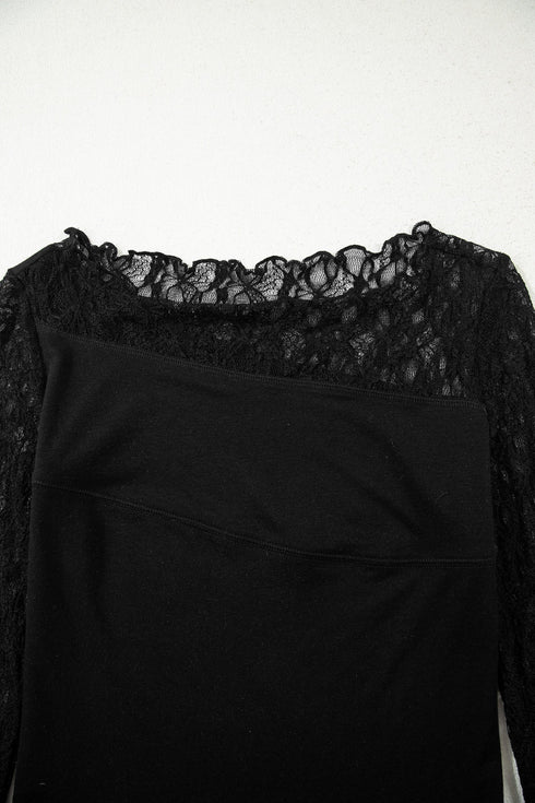 Sheer Floral Lace Panel Asymmetric Patchwork Long Sleeve Top