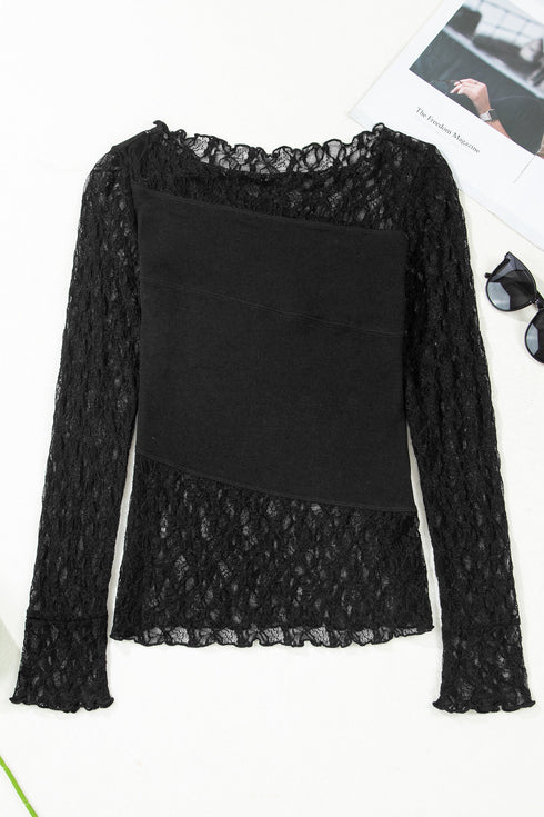 Sheer Floral Lace Panel Asymmetric Patchwork Long Sleeve Top