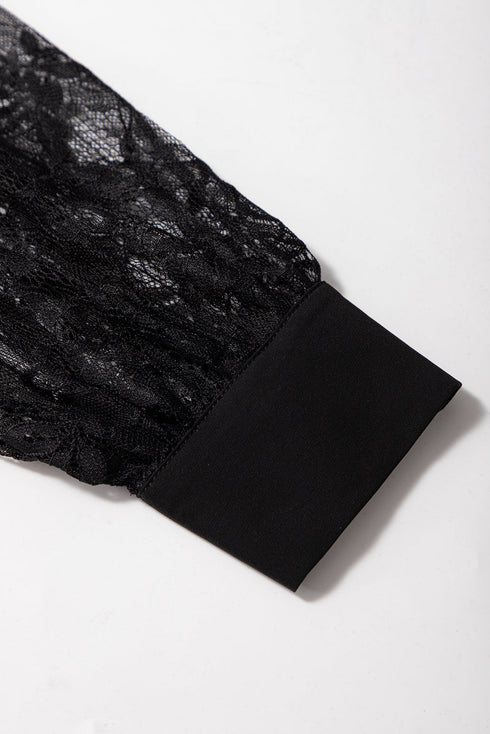 Sheer Floral Lace Raglan Sleeve Elegant Keyhole Blouse