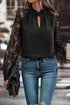 Sheer Floral Lace Raglan Sleeve Elegant Keyhole Blouse