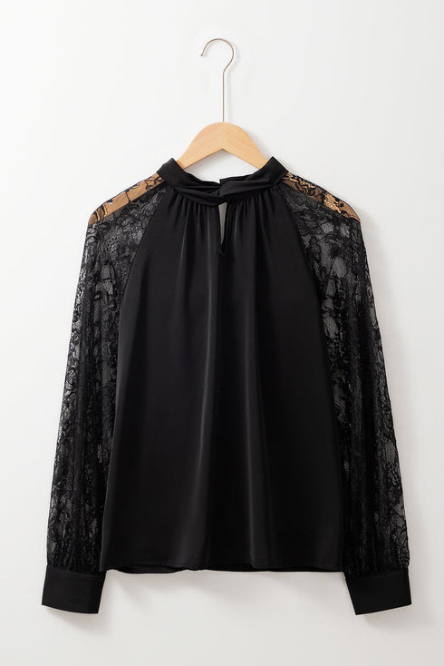 Sheer Floral Lace Raglan Sleeve Elegant Keyhole Blouse