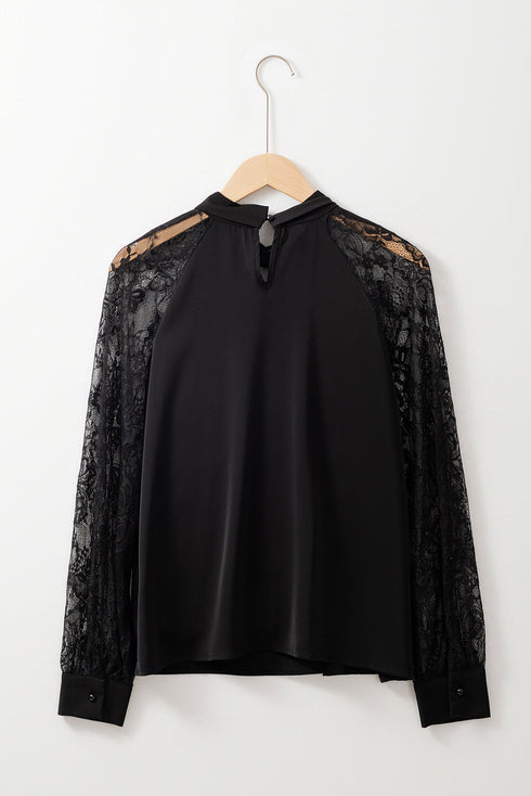 Sheer Floral Lace Raglan Sleeve Elegant Keyhole Blouse