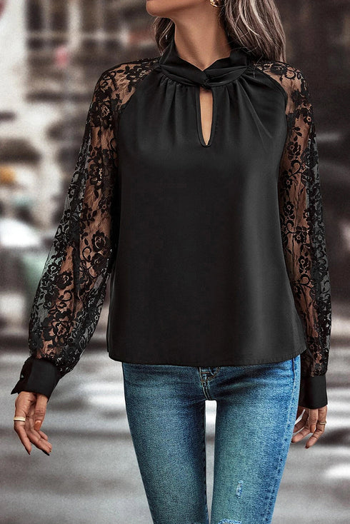Sheer Floral Lace Raglan Sleeve Elegant Keyhole Blouse