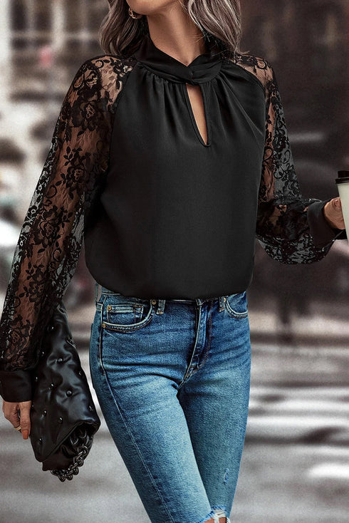 Sheer Floral Lace Raglan Sleeve Elegant Keyhole Blouse